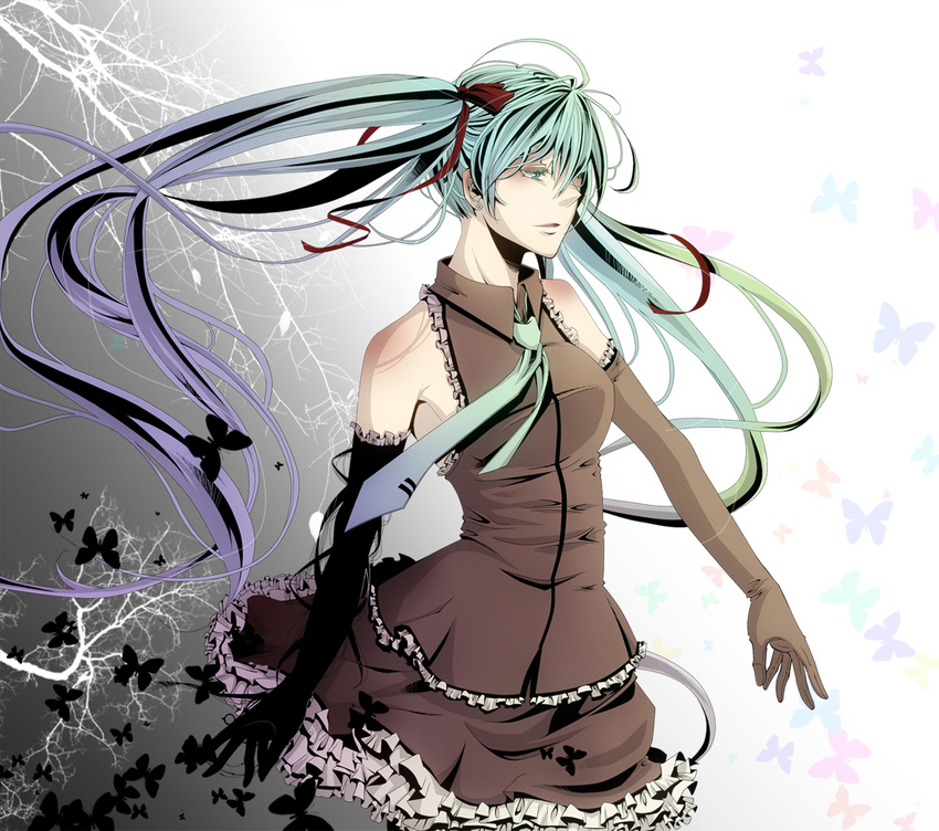 aqua_eyes aqua_hair baa_lamb bad_id bad_pixiv_id bare_shoulders earrings elbow_gloves female gloves gradient_hair hair_over_one_eye hair_ribbon hatsune_miku jewelry long_hair multicolored_hair necktie ribbon scissorhands_(vocaloid) skirt solo thighhighs twintails very_long_hair vocaloid