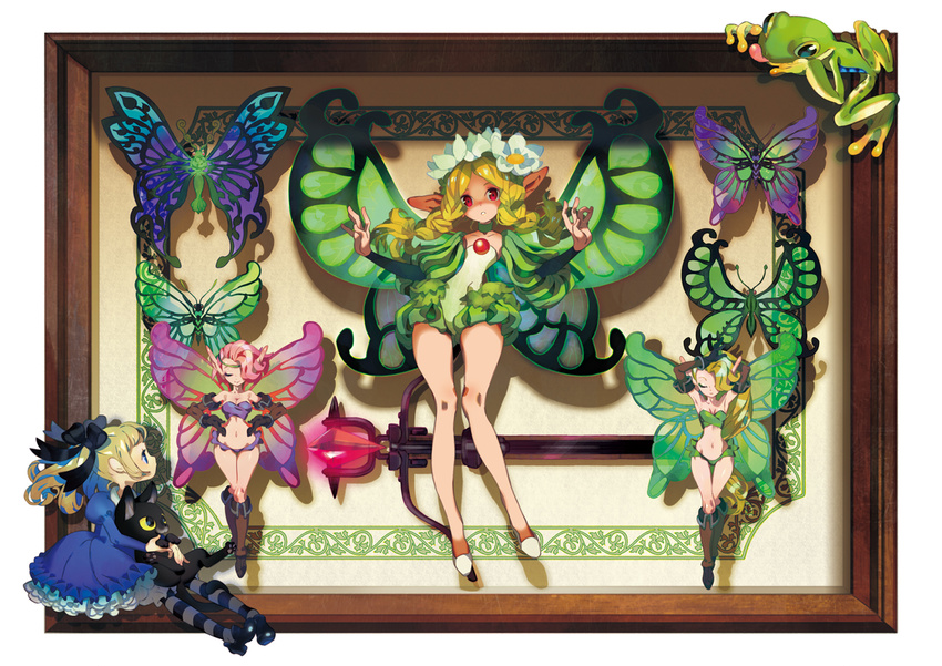 4girls alice_(odin_sphere) blonde_hair braid butterfly_wings commentary dated_commentary dress fairy feline flower frog hair_flower hair_ornament ingway_(odin_sphere) insect_wings long_hair mercedes_(odin_sphere) multiple_girls odin_sphere pointy_ears puffy_sleeves red_eyes socrates_(odin_sphere) take_(illustrator) twin_braids twintails wings