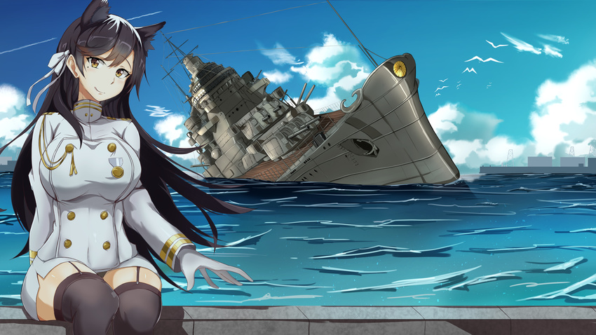 absurdres animal_ears atago_(azur_lane) atago_(cruiser) azur_lane bird black_hair black_thighhighs breasts cloud commentary day female garter_straps gloves hair_ribbon highres historical_name_connection j_yak47 large_breasts long_hair military military_uniform miniskirt mole mole_under_eye name_connection object_namesake ribbon sinking sitting skirt smile solo swept_bangs thighhighs uniform water white_gloves white_ribbon yellow_eyes