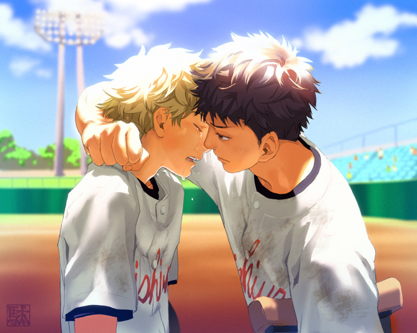 2boys abe_takaya baseball_uniform black_hair brown_hair closed_eyes clothes_writing commentary_request crutch da_kata defeat hands mihashi_ren multiple_boys ookiku_furikabutte outdoors photoshop_(medium) spoilers sportswear tears upper_body