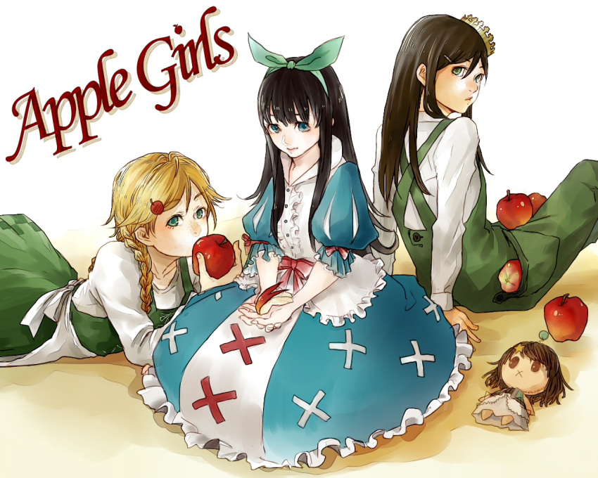 3girls apple apple_hair_ornament apron arm_support back back-to-back black_hair blonde_hair blue_dress blue_eyes blunt_bangs bow braid center_frills commentary_request covered_mouth crown doll dress elysion food food-themed_hair_ornament freckles frills fruit green_bow green_dress green_eyes hair_ornament hair_over_shoulder hairband hairclip holding holding_food holding_fruit idoko long_hair long_sleeves looking_at_viewer looking_back lying maerchen_(sound_horizon) multiple_girls on_stomach overalls own_hands_together pocket puffy_short_sleeves puffy_sleeves rabbit red_bow schneewittchen short_sleeves sitting sound_horizon stuffed_toy trait_connection twin_braids twintails v_arms white_apron yatsuki_gin yield