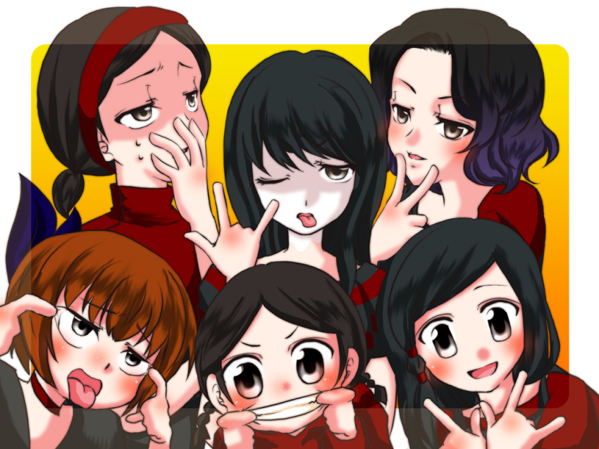 6+girls akago_(muhyun) black_hair carmen_(the_path) choker commentary_request covering_own_mouth fingersmile ginger_(the_path) grey_eyes long_hair multiple_girls one_eye_closed open_mouth orange_hair pose robin_(the_path) rose_(the_path) ruby_(the_path) scarlet_(the_path) short_hair siblings sisters smile sweatdrop the_path tongue tongue_out