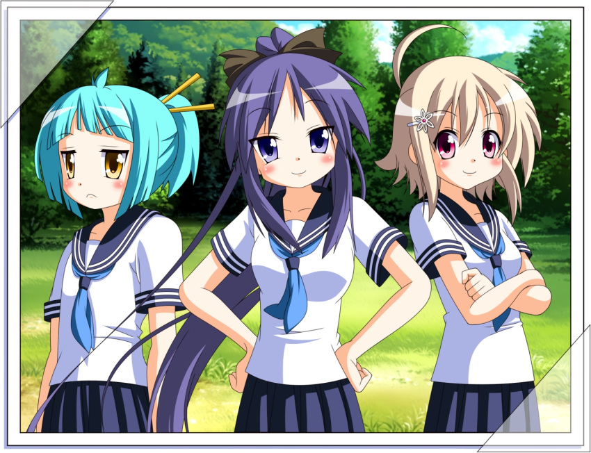 3girls aged_down ahoge aqua_hair blonde_hair blue_eyes blue_hair blush character_request commentary_request crossed_arms extra hair_ornament hands_on_own_hips hiiragi_miki long_hair lucky_star multiple_girls photo_(object) ponytail red_eyes rindou_(awoshakushi) school_uniform serafuku short_hair teenage yellow_eyes