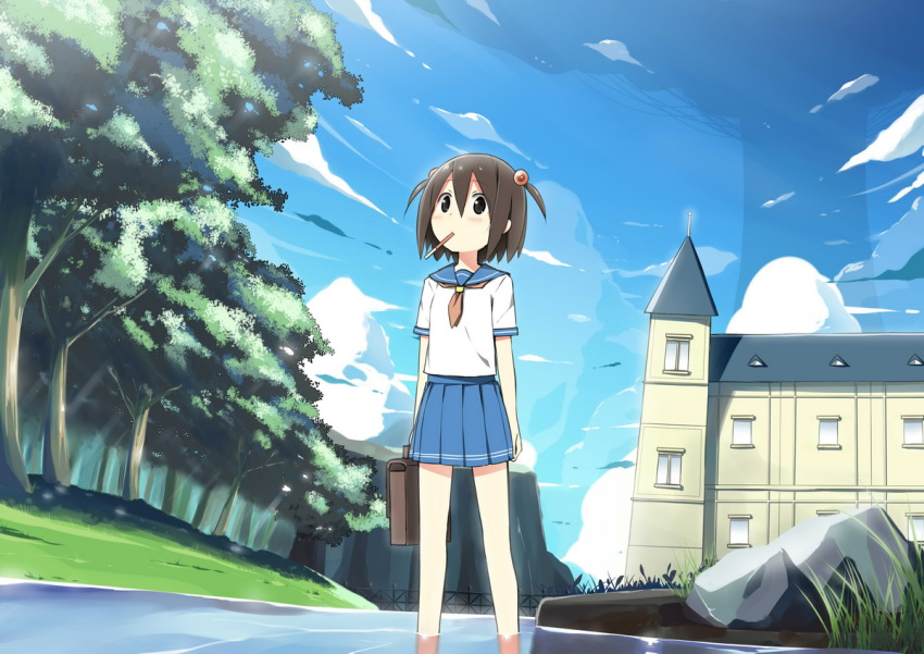 blue_sky brown_hair cloud commentary_request day female food forest hair_bobbles hair_ornament mouth_hold nature original outdoors pocky scenery school_uniform serafuku short_hair skirt sky sky-freedom solo standing strawberry_pocky stream tree two_side_up wading water