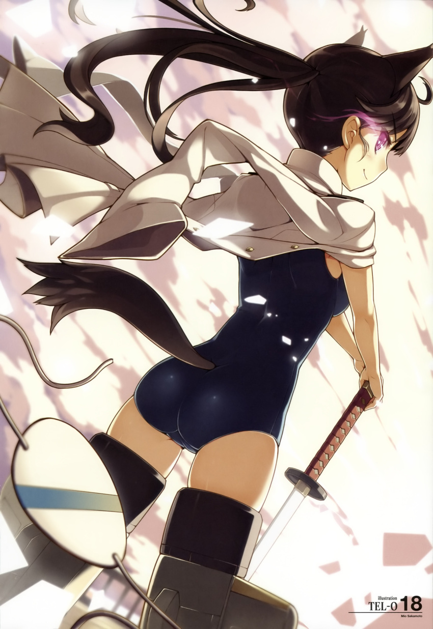 absurdres animal_ears ass black_hair cameltoe dog_ears dog_girl dog_tail dutch_angle extra_ears eyepatch female flying from_behind glowing glowing_eye hands_on_hilt highres jacket jacket_on_shoulders katana long_hair looking_back military military_uniform one-piece_swimsuit ponytail purple_eyes sakamoto_mio school_swimsuit sky smile solo strike_witches striker_unit swimsuit sword tail tail_through_clothes tel-o uniform unworn_eyepatch weapon world_witches_series