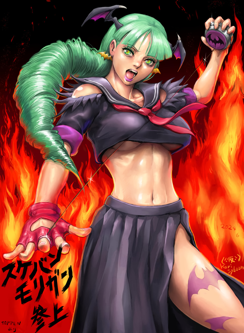 1girls alternate_hairstyle artist_name bat_wings big_breasts breasts busty capcom darkstalkers demon_girl drill_hair fingerless_gloves gloves green_eyes green_hair highres large_breasts legs long_hair long_skirt midriff morrigan_aensland navel no_bra open_mouth school_uniform sensual skirt solo succubus thighs toned tongue underboob voluptuous wings yo-yo