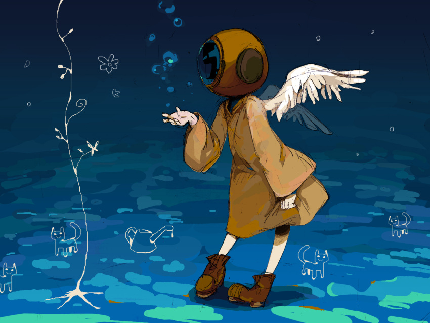 .flow air_bubble angel_wings boots bubble commentary_request diving_helmet feline female flower helmet kiritsuki_(piyshampo) oreko solo underwater water watering_can wings