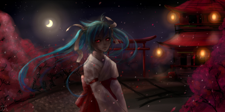 aqua_hair commentary_request female hatsune_miku japanese_clothes long_hair miko night petals red_eyes seguchi-sama twintails very_long_hair vocaloid wind