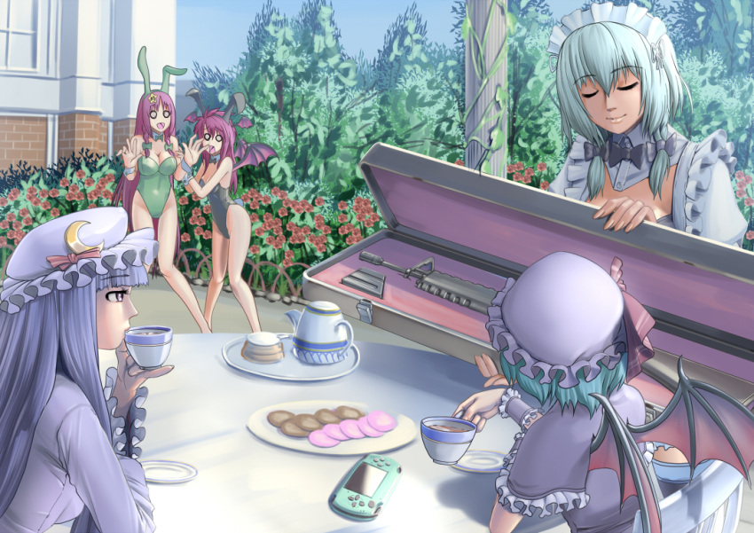 5girls alternate_costume animal_ears aqua_hair assault_rifle bare_legs bare_shoulders bat_wings bow breasts case closed_eyes commentary_request cookie crescent cup day drinking flower food garden grey_hair gun hair_ornament hairbow handheld_game_console hat head_wings hong_meiling izayoi_sakuya kemonomimi_mode koakuma large_breasts leotard long_hair m16 m16a1 maid maid_headdress medium_breasts multiple_girls nature o_o open_mouth outdoors patchouli_knowledge pinky_out playboy_bunny playstation_portable purple_eyes purple_hair rabbit_ears raybar red_hair remilia_scarlet rifle saucer short_hair sidelocks sitting smile star_(symbol) table tea teacup teapot touhou very_long_hair weapon wings wrist_cuffs