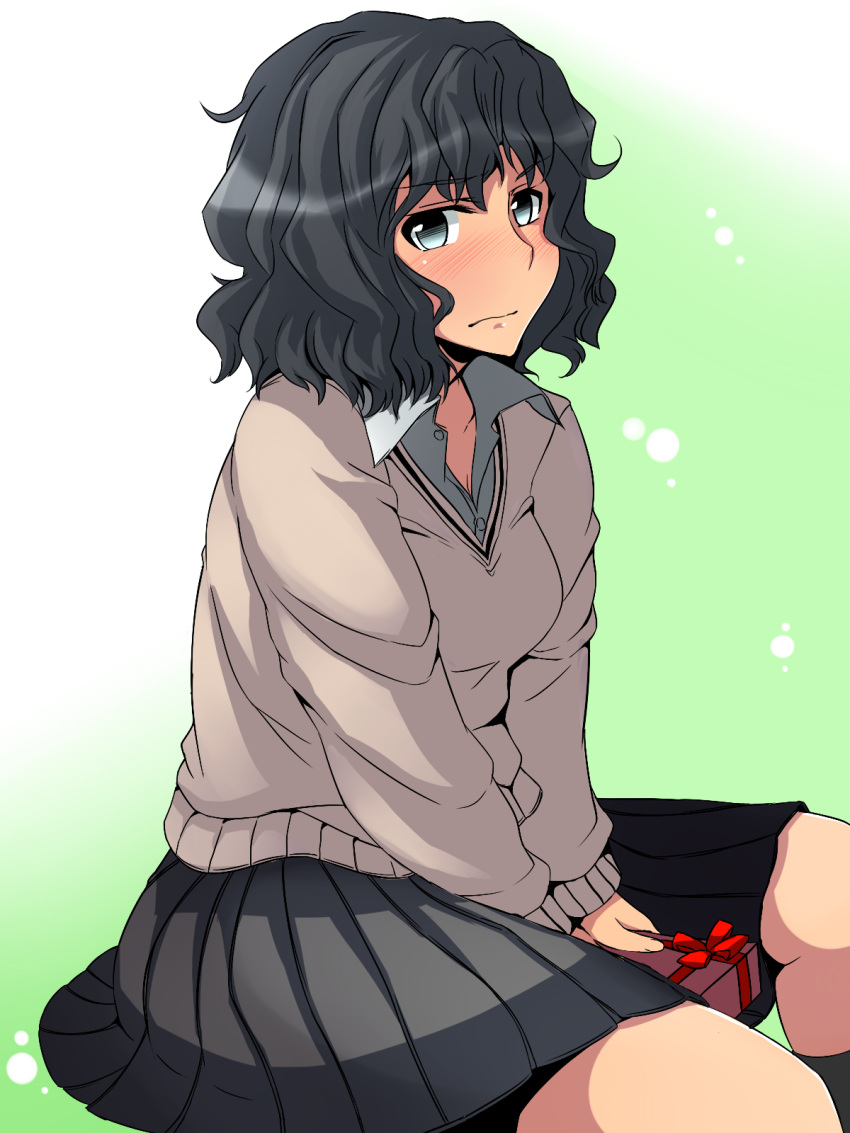 amagami bad_id bad_pixiv_id black_hair blush female gift grey_skirt highres kibito_high_school_uniform long_sleeves meicha open_collar pleated_skirt school_uniform skirt solo sweater tanamachi_kaoru