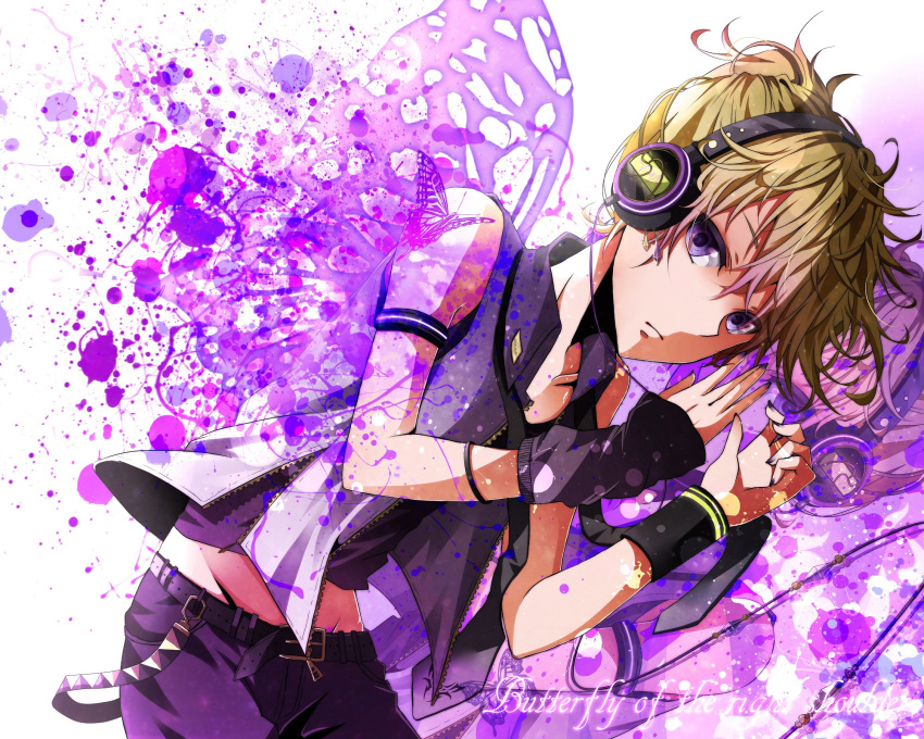 animal blonde_hair butterfly headphones kagamine_len nou ponytail purple_eyes short_hair vocaloid