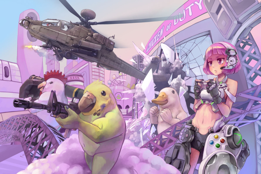 ah-64_apache aircraft assault_rifle bird call_of_duty chicken commentary_request controller duck female ferris_wheel fgm-148_javelin game_controller gloves gun headset helicopter m4_carbine mecha_musume midriff military navel original parakeet parody photoshop_(medium) playstation_controller rifle rocket_launcher takio weapon xbox_controller