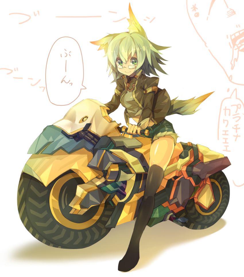 animal_ear_fluff animal_ears bad_id bad_pixiv_id belt black_thighhighs cutoffs denim denim_shorts female glasses green_eyes highres jacket mamuru midriff motor_vehicle motorcycle original short_hair short_shorts shorts sitting smile solo tail thighhighs translation_request