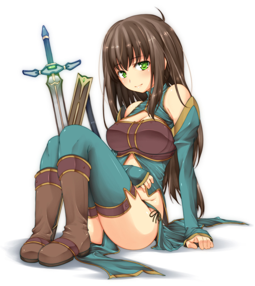 aqua_thighhighs arm_support bad_id bad_pixiv_id bare_shoulders boots breasts brown_hair cleavage detached_sleeves female from_side full_body green_eyes halterneck highres loincloth long_hair looking_at_viewer medium_breasts midriff original painttool_sai_(medium) ribucci sheath side-tie_skirt simple_background sitting sleeves_past_wrists smile solo sword thighhighs weapon