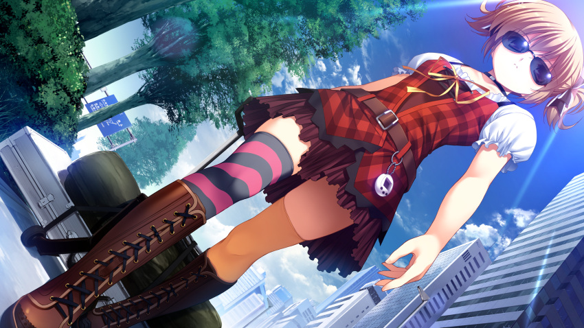 asymmetrical_legwear bag belt blonde_hair blue_sky boots brown_eyes building bush cart choker city cloud cross-laced_footwear day dress dutch_angle female frown fumio_(ura_fmo) game_cg grisaia_(series) grisaia_no_kajitsu grisaia_no_meikyuu hair_ribbon hand_truck highres irisu_makina knee_boots legs long_legs mismatched_legwear plaid plaid_dress puffy_short_sleeves puffy_sleeves ribbon road_sign serious short_hair short_sleeves sign skirt sky solo striped_clothes striped_thighhighs suitcase sunglasses sunlight tamagotchi tamagotchi_(virtual_pet) thighhighs tree twintails walking yellow_ribbon