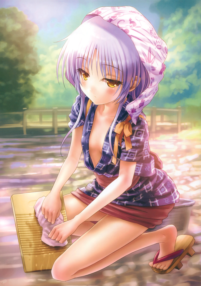 absurdres angel_beats! bandana blush breasts bridge center_opening expressionless female full_body geta goto_p grey_hair head_scarf highres japanese_clothes kimono kneeling light_purple_hair long_hair miniskirt no_bra outdoors rag red_skirt river rural sash short_kimono skirt small_breasts solo sunlight tachibana_kanade tasuki washboard water yellow_eyes