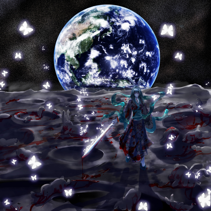 absurdres animal_ears blood bug butterfly chang'e chinese_clothes chisiang commentary_request dark_persona earth_(planet) female guro highres long_hair moon moon_rabbit original photoshop_(medium) planet rabbit_ears solo space star_(sky) sword weapon