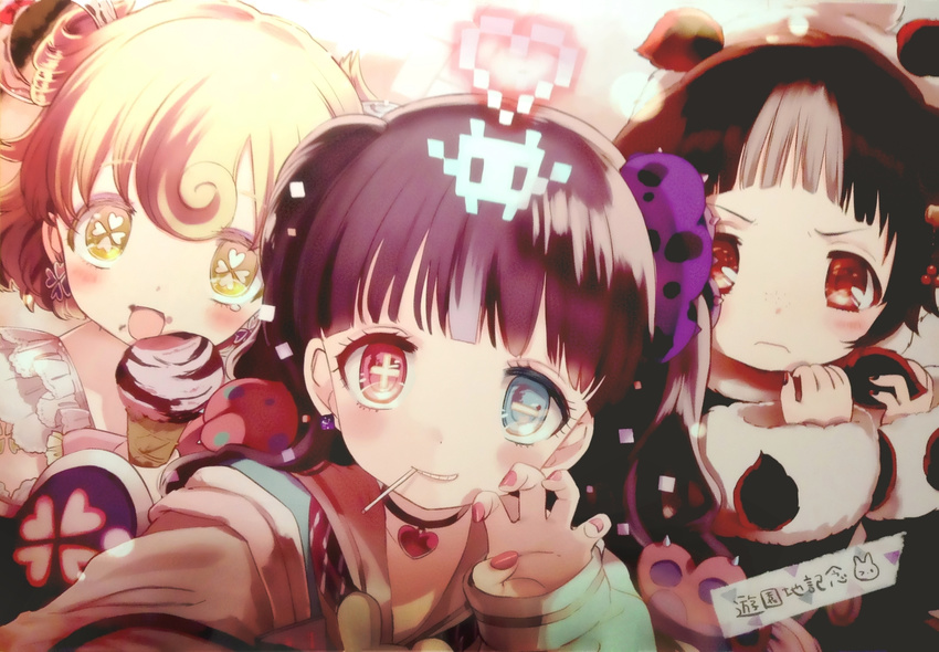 3girls artist_request black_hair fingernails food highres ice_cream looking_at_viewer mahou_shoujo_ikusei_keikaku mahou_shoujo_ikusei_keikaku_aces mahou_shoujo_ikusei_keikaku_queens multiple_girls nakano_sorami official_art paint.net_(medium) premium_sachiko short_hair twintails ururu_(mahoiku)