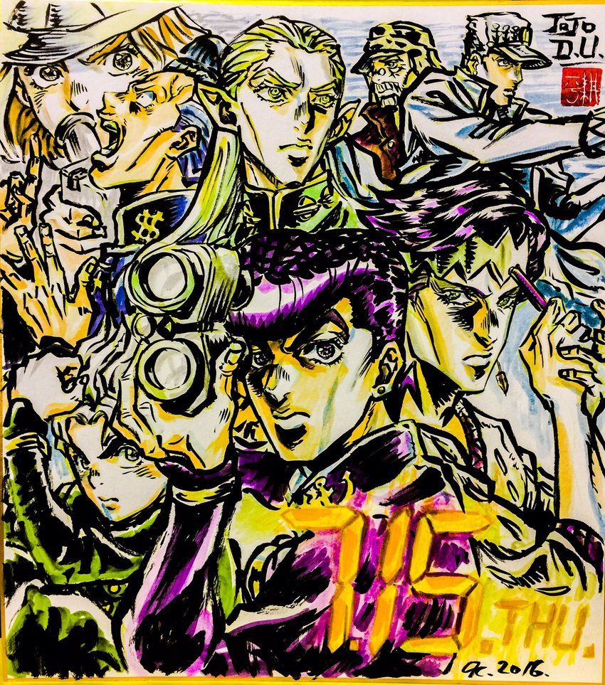 ashiya_kouhei beard binoculars black_eyes blonde_hair blue_hair brown_hair coat commentary_request dated diamond_wa_kudakenai dollar_sign earrings facial_hair glasses green_eyes hat hazekura_mikitaka headband higashikata_josuke highres hirose_koichi jewelry jojo_no_kimyou_na_bouken joseph_joestar joseph_joestar_(old) kawajiri_hayato kishibe_rohan kujo_jotaro long_hair multicolored_hair nijimura_okuyasu open_mouth pen pointy_ears pompadour purple_hair signature stud_earrings two-tone_hair white_hair yellow_eyes