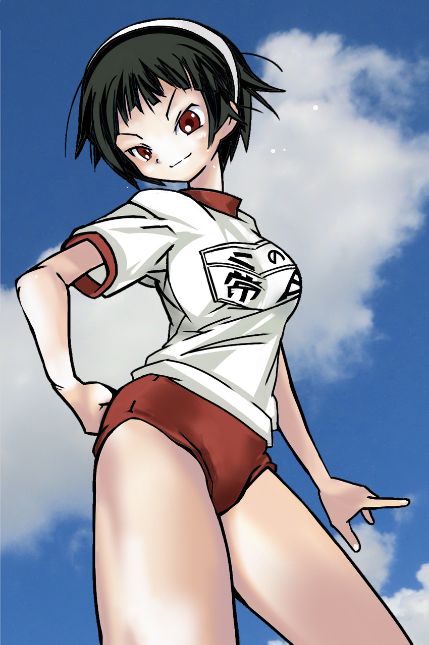 bad_id bad_pixiv_id buruma female gym_uniform hairband highres name_tag red_buruma red_eyes reverie_(artist) sayonara_zetsubou_sensei short_hair solo tsunetsuki_matoi