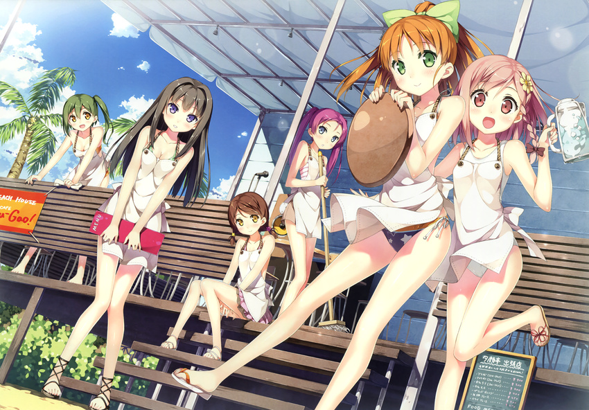 6+girls :d absurdres ankle_lace-up apron ayase_sayuki bikini bikini_skirt black_hair blue_eyes bow braid breasts brown_eyes cleavage cloud cross-laced_footwear day dutch_angle enomoto_kaho flower fujimura_natsuki green_eyes green_hair hair_between_eyes hair_flower hair_ornament hairbow highres hirosaki_kanade kantoku knees_together_feet_apart leg_up looking_at_viewer medium_breasts menu minagawa_yuuhi mop multiple_girls nearly_naked_apron one-piece_swimsuit open_mouth orange_hair outdoors pink_eyes pink_hair sandals school_swimsuit short_twintails side-tie_bikini_bottom side_braid side_ponytail sitting sky small_breasts smile swimsuit tray twintails white_one-piece_swimsuit yellow_eyes your_diary yua_(your_diary)