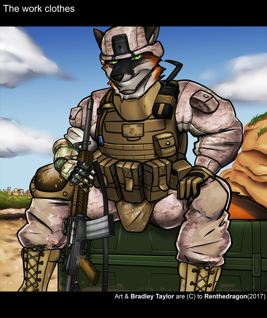 2018 anthro armor biped boots bradley_taylor_(renthedragon) bulletproof_vest canid canine clothed clothing conditional_dnp cybernetic_arm cybernetic_limb detailed_background english_text footwear fox gloves green_eyes gun handwear headgear helmet hi_res looking_at_viewer male mammal marine_corps military outside ranged_weapon renthedragon rifle rifle_sling sitting soldier solo text united_states_marine_corps walkie-talkie warrior weapon