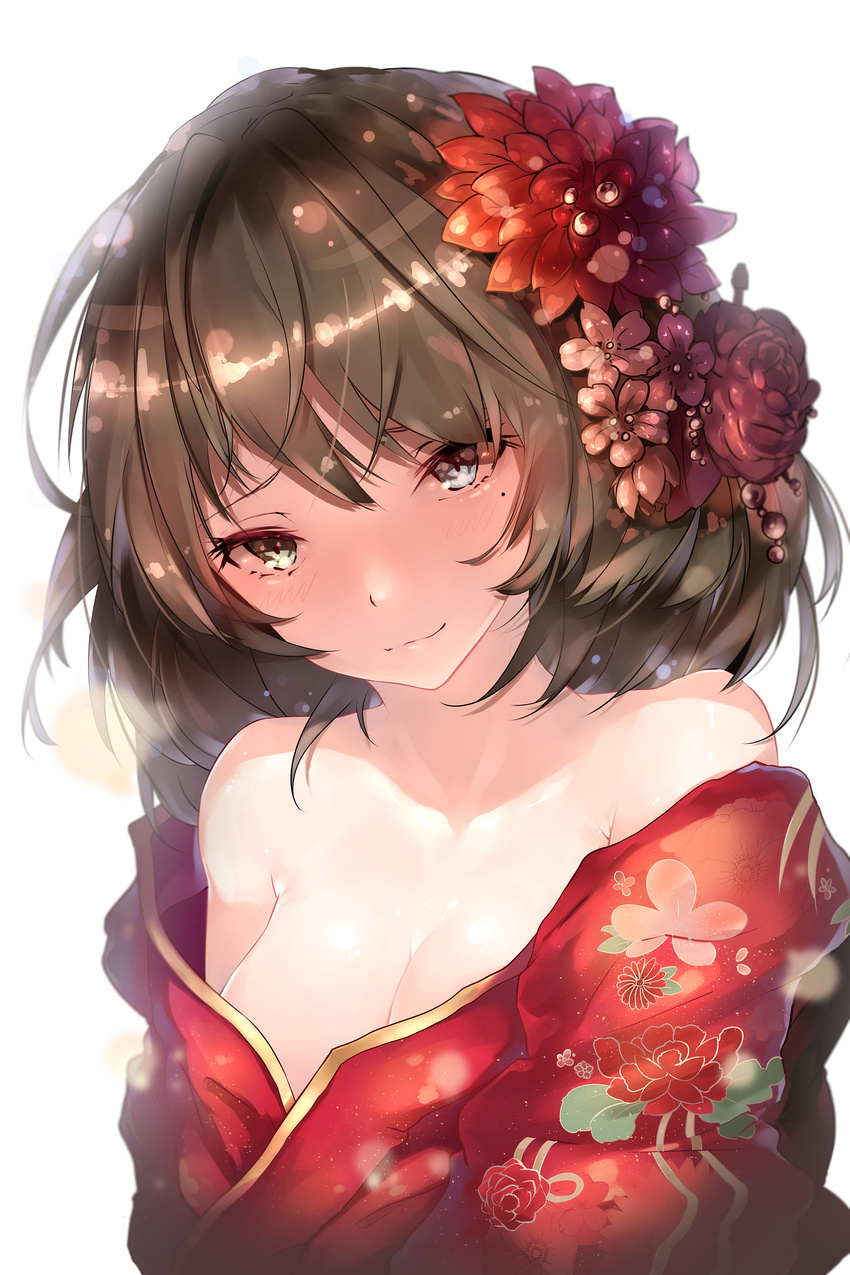 absurdres bad_id bad_pixiv_id bare_shoulders blue_eyes blush breasts brown_hair cleavage commentary female flower green_eyes hair_flower hair_ornament heterochromia highres hplay idolmaster idolmaster_cinderella_girls japanese_clothes kimono large_breasts looking_at_viewer mole mole_under_eye new_year short_hair smile solo takagaki_kaede yoi_otome_(idolmaster)