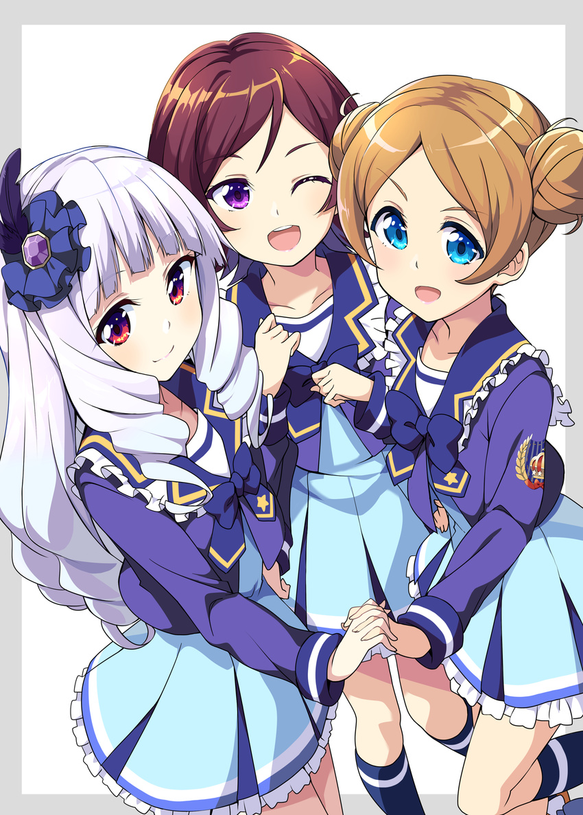 3girls ;d absurdres aikatsu!_(series) aikatsu_stars! ashida_yuuri_(aikatsu!) blue_eyes brown_hair commentary_request double_bun drill_hair feather_hair_ornament feathers frills gem gradient_hair hair_bun hair_ornament highres holding_hands katsura_miki_(aikatsu!) kneehighs long_hair looking_at_viewer multicolored_hair multiple_girls one_eye_closed open_mouth parted_bangs red_eyes school_uniform shirogane_lily short_hair smile socks swept_bangs wara_(warapro) yotsuboshi_academy_school_uniform