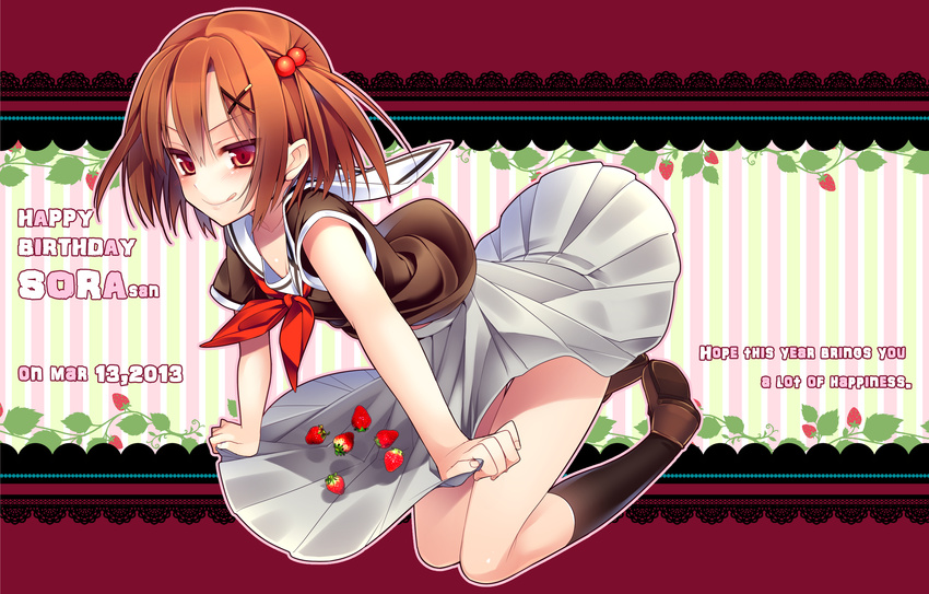 :p borrowed_character brown_hair commentary_request female food fruit giuniu hair_bobbles hair_ornament happy_birthday highres morinaga_koeda original red_eyes school_uniform serafuku short_hair skirt skirt_basket solo strawberry tongue tongue_out