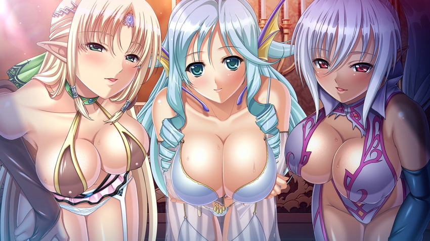 3girls :d aqua_eyes aqua_hair armpits bare_shoulders blonde_hair blush bodysuit bra breast_hold breasts breasts_squeezed_together bridal_gauntlets brooch cameltoe candle candlestand circlet cleavage collar covered_nipples cowboy_shot dark-skinned_female dark_skin detached_sleeves drill_hair elf elysia_(kyonyuu_fantasy) fantasy fins game_cg garter_belt gem green_eyes grey_hair groin hair_between_eyes hair_tubes half_updo halterneck hand_on_own_thigh head_fins high_ponytail indoors jewelry kyonyuu_fantasy kyonyuu_fantasy_2 large_breasts leaning_forward lens_flare light_particles light_smile lineup long_hair long_pointy_ears looking_at_viewer lorelia_(kyonyuu_fantasy) mermaid mizoro_tadashi monster_girl multiple_girls naughty_face navel official_art open_mouth panties parted_bangs parted_lips pointy_ears ponytail puffy_nipples q-gaku red_eyes see-through shiny_clothes shiny_skin sidelocks smile standing sweat swept_bangs take_your_pick thigh_gap thighhighs two_side_up underwear very_long_hair white_panties zebia_(kyonyuu_fantasy)