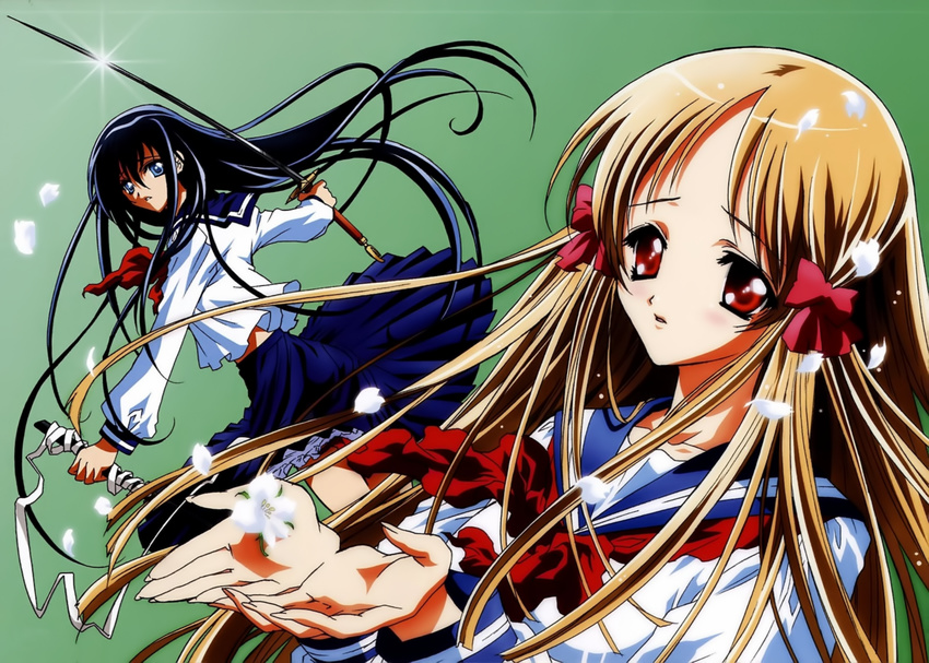 2girls azuma_hatsumi azuma_hazuki bandages black_hair blonde_hair blue_eyes blue_skirt clothes_lift flower highres holding holding_sword holding_weapon katana long_hair long_skirt long_sleeves multiple_girls official_art petticoat pleated_skirt red_eyes red_ribbon ribbon sailor_collar scabbard school_uniform serafuku sheath skirt skirt_lift slip_showing sword very_long_hair weapon wind wind_lift yami_to_boushi_to_hon_no_tabibito