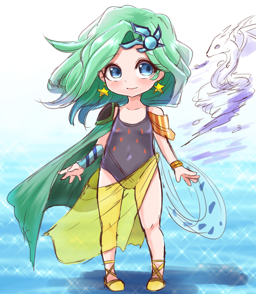 ass_visible_through_thighs blue_eyes blue_leotard bracelet cape earrings female final_fantasy final_fantasy_iv full_body green_cape green_hair hair_ornament harimao_(hanzou_uji) highres jewelry leotard long_hair looking_at_viewer mist_dragon rydia_(ff4) sarong see-through shoes smile solo star_(symbol) star_earrings thighs yellow_footwear yellow_sarong