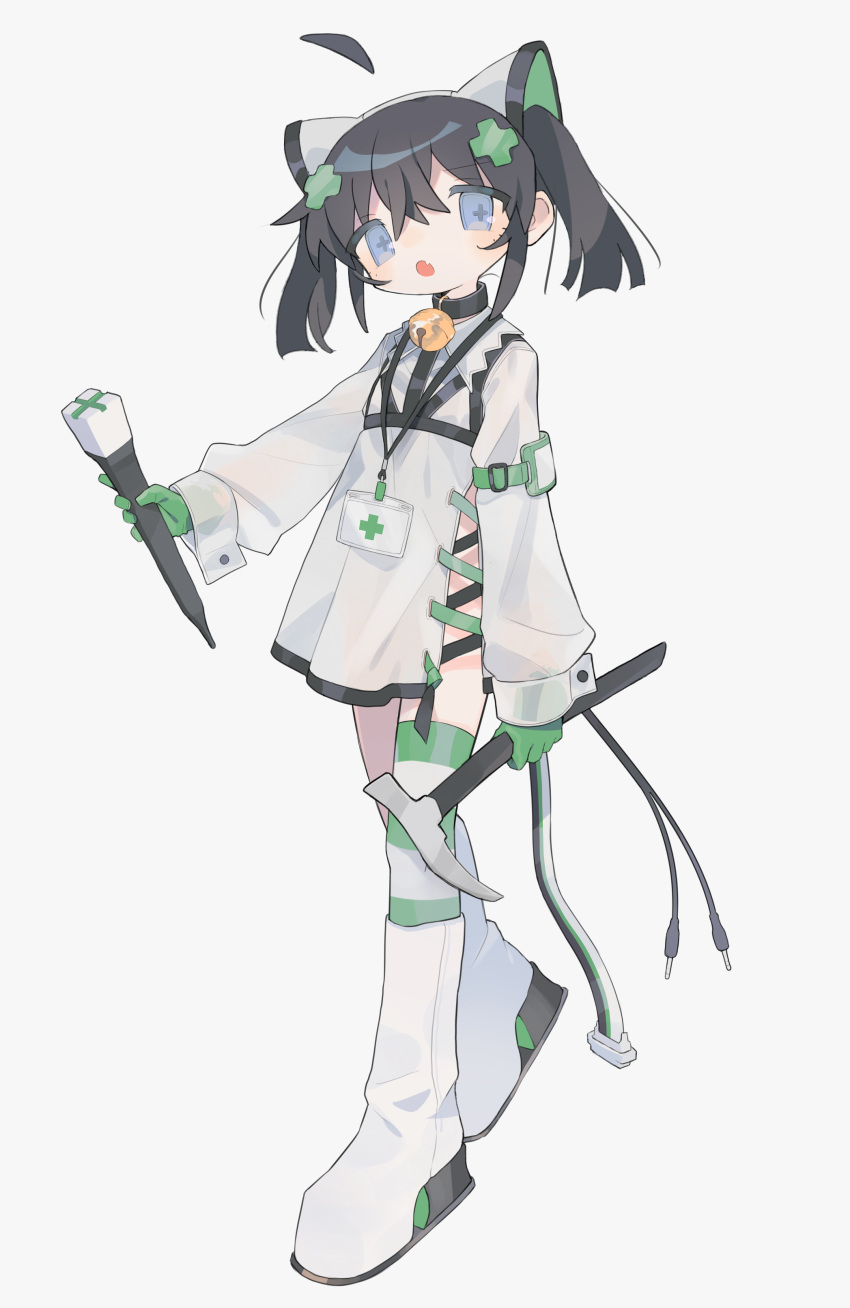 +_+ absurdres animal_ears armband audio_jack bangs bell black_collar black_hair black_ribbon blue_eyes boots bra_over_clothes cable cable_tail cat_ears chisel collar collared_dress cross daizu_(melon-lemon) detached_ahoge dress fake_animal_ears female full_body gloves green_gloves green_legwear green_ribbons hair_between_eyes hair_ornament hairpods hammer highres holding holding_chisel holding_hammer horizontal_stripes id_card jingle_bell lanyard long_sleeves looking_at_viewer mechanical_tail neck_bell oerba_yun_fang open_mouth original platform_boots ribbon ribbon_cable short_hair side_slit simple_background single_thighhigh sleeve_cuffs sleeves_past_wrists solo standing striped striped_legwear symbol-shaped_pupils tail thighhighs twintails white_background white_dress white_footwear x_hair_ornament