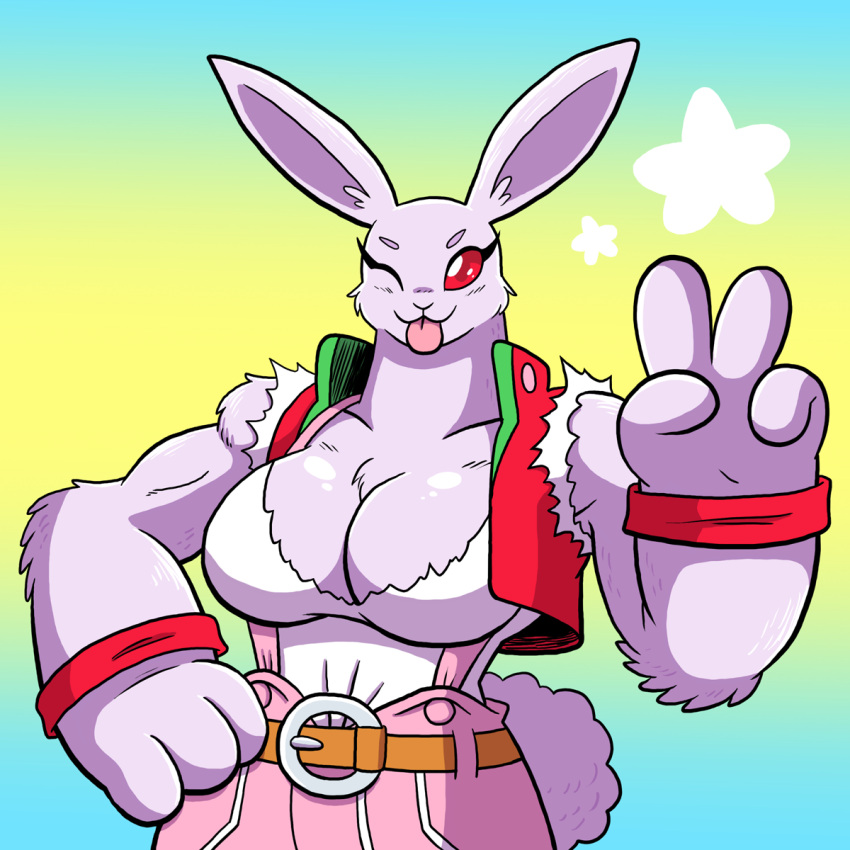 1:1 4_fingers alice_the_rabbit anthro bare_shoulders big_breasts blep bloody_roar breasts chest_tuft cleavage clothed clothing cotton_tail curvy_figure digital_media_(artwork) female fingers fur gesture grepstrash hand_gesture hi_res konami lagomorph leporid long_ears mammal one_eye_closed pink_clothing rabbit red_eyes red_sclera simple_background solo tongue tongue_out tuft v_sign were werelagomorph wererabbit white_body white_fur