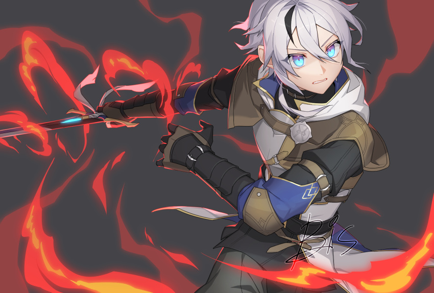 1boy adventurer_ras armor belt bis black_belt blue_eyes clenched_teeth epic_seven fire gloves grey_background highres holding holding_sword holding_weapon male_focus rass_elclare red_pupils simple_background solo sword teeth weapon white_hair