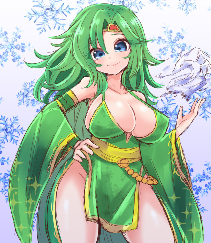 arm_up blue_eyes breasts cleavage detached_sleeves female final_fantasy final_fantasy_iv green_hair green_leotard green_sleeves hair_ornament hand_on_own_hip harimao_(hanzou_uji) highres large_breasts leotard loincloth long_hair looking_at_viewer mist_dragon rydia_(ff4) smile solo thighs