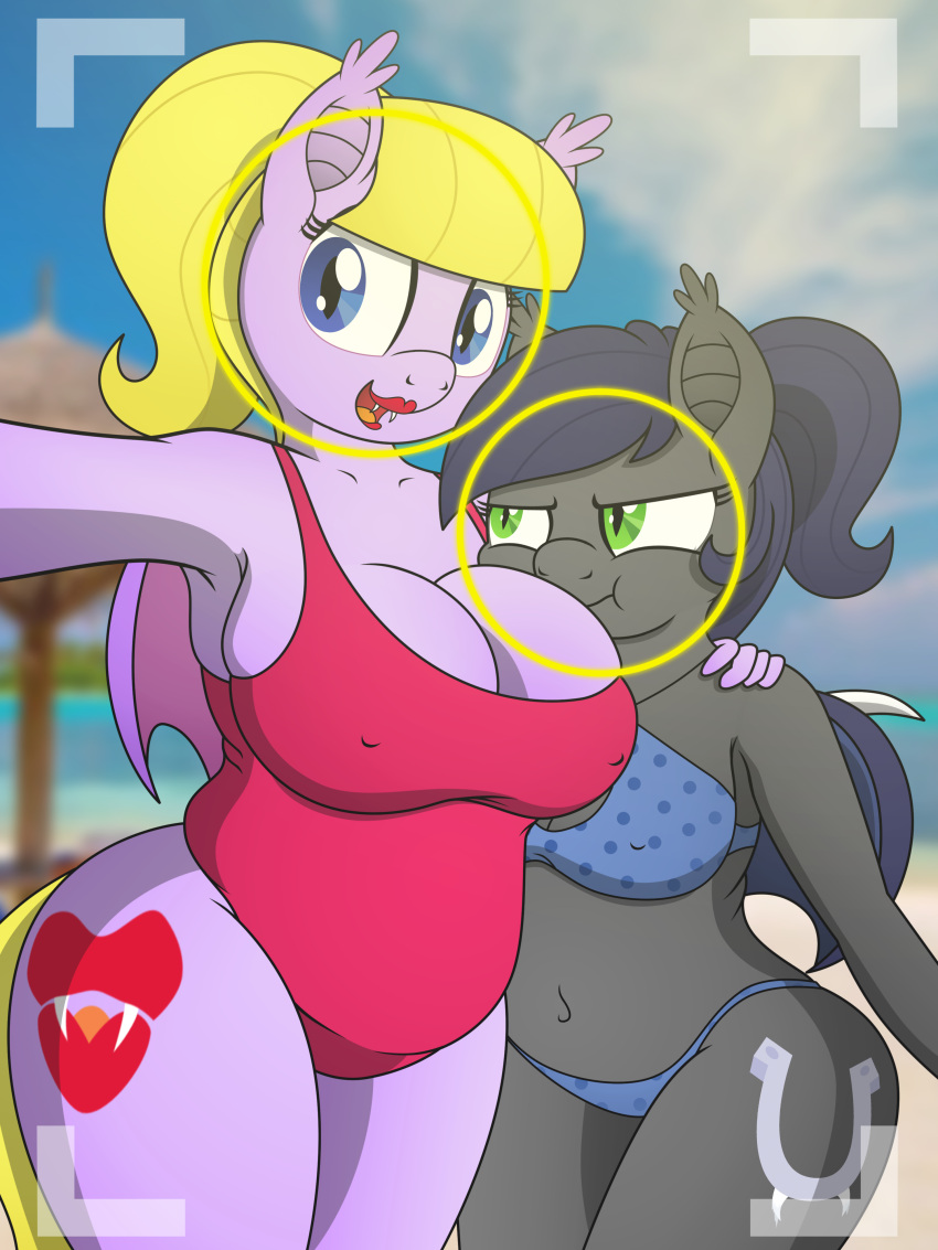 2018 3:4 absurd_res an-tonio anthro bat_pony bat_wings beach belly big_breasts bikini blonde_hair blue_eyes blue_hair breast_squish breasts camera_view cleavage clothed clothing collaboration cutie_mark digital_media_(artwork) duo equid equine erect_nipples fan_character fangs female flourish_glade_(pananovich) frostbite_(panovich) green_eyes grey_body grumpy hair hasbro hi_res horse legs_together lipstick makeup mammal membrane_(anatomy) membranous_wings my_little_pony navel nipple_outline nipples one-piece_swimsuit pananovich ponytail pupils purple_body red_lipstick seaside selfie sibling_(lore) sister_(lore) sisters_(lore) size_difference slightly_chubby slit_pupils smile squish story_at_source suggestive swimwear teeth wide_hips wings