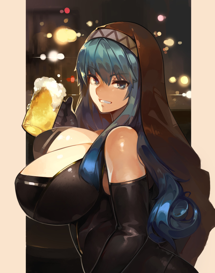 alcohol bare_shoulders beer black_gloves blue_hair breasts cleavage elbow_gloves female gloves gradient_hair green_eyes green_hair grin harusame-r highres hood huge_breasts long_hair looking_at_viewer multicolored_hair original smile solo