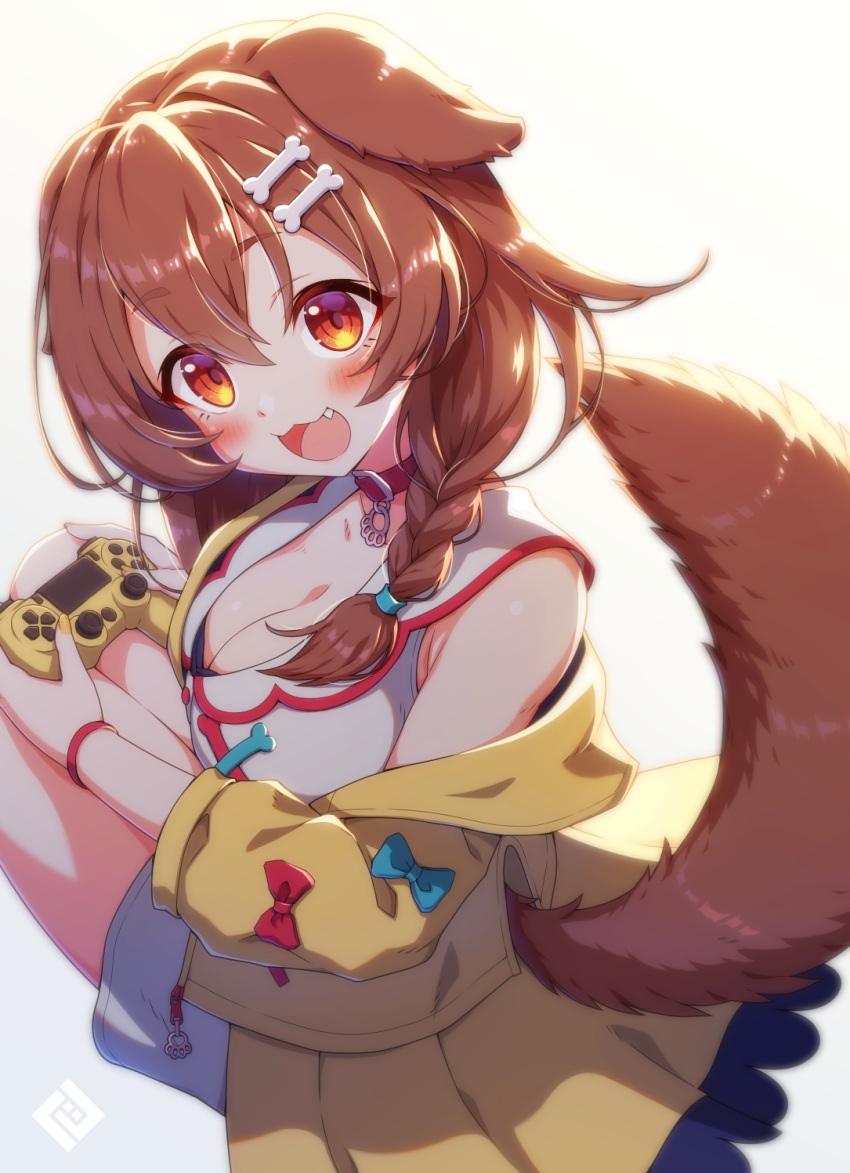 :d animal_ears bone_hair_ornament breasts brown_hair cartoon_bone cleavage controller dog_ears dog_girl dog_tail dualshock female game_controller gamepad hair_ornament highres holding holding_controller holding_game_controller hololive inugami_korone inugami_korone_(1st_costume) looking_at_viewer medium_breasts open_mouth orange_eyes playstation_controller short_hair shorts sitting smile solo tail thighs tsuji virtual_youtuber