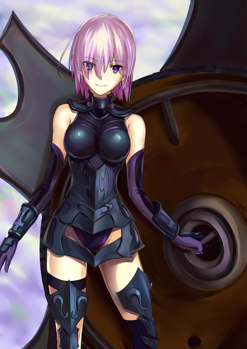 absurdres armor armored_dress bad_id bad_pixiv_id bare_shoulders bodysuit breasts cqqz0707 fate/grand_order fate_(series) female hair_over_one_eye highres large_breasts looking_at_viewer lord_camelot_(fate) mash_kyrielight medium_hair purple_eyes purple_hair smile solo thighs