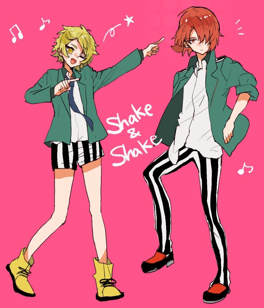 2boys ashikaga_hyouta bishounen_series blonde_hair dancing fukuroi_mitsuru green_shirt highres medium_hair multiple_boys necktie pants red_eyes red_footwear red_hair school_uniform shirt shorts striped_clothes striped_pants striped_shorts valhalla0707 yellow_eyes yellow_footwear yubiwa_high_school_uniform