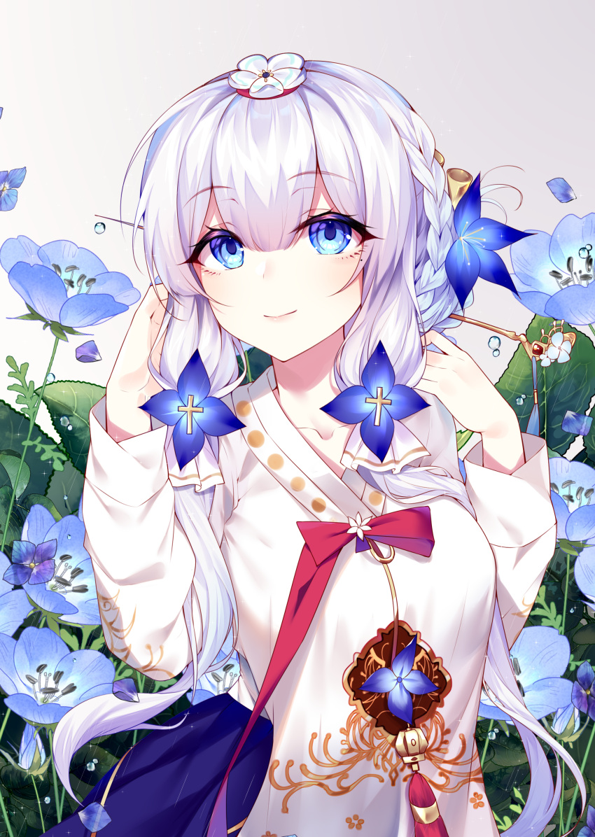 absurdres azur_lane blue_eyes blue_flower braid breasts chima_(clothes) chogori crown_braid female flower gomusin hair_flower hair_ornament hanbok hand_in_own_hair highres illustrious_(azur_lane) illustrious_(resplendent_hibiscus)_(azur_lane) korean_clothes large_breasts long_hair nemophila_(flower) official_alternate_costume shiro_kanae solo upper_body white_hair