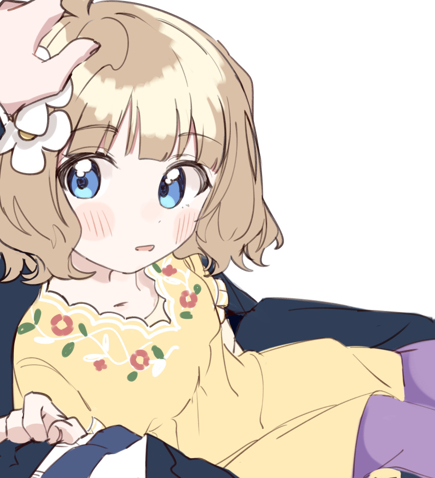 absurdres ahoge blue_eyes blue_necktie blunt_bangs blush dot_nose feet_out_of_frame female floral_print flower frilled_sleeves frills from_above from_side hair_flower hair_ornament hand_on_another's_head hand_up head_tilt headpat highres idolmaster idolmaster_million_live! light_brown_hair looking_at_viewer looking_to_the_side looking_up meeeeeeco359 necktie out_of_frame parted_lips pov pov_hands producer_(idolmaster) purple_legwear short_hair short_sleeves sitting sitting_on_lap sitting_on_person solo_focus suou_momoko tareme wavy_hair white_background white_flower