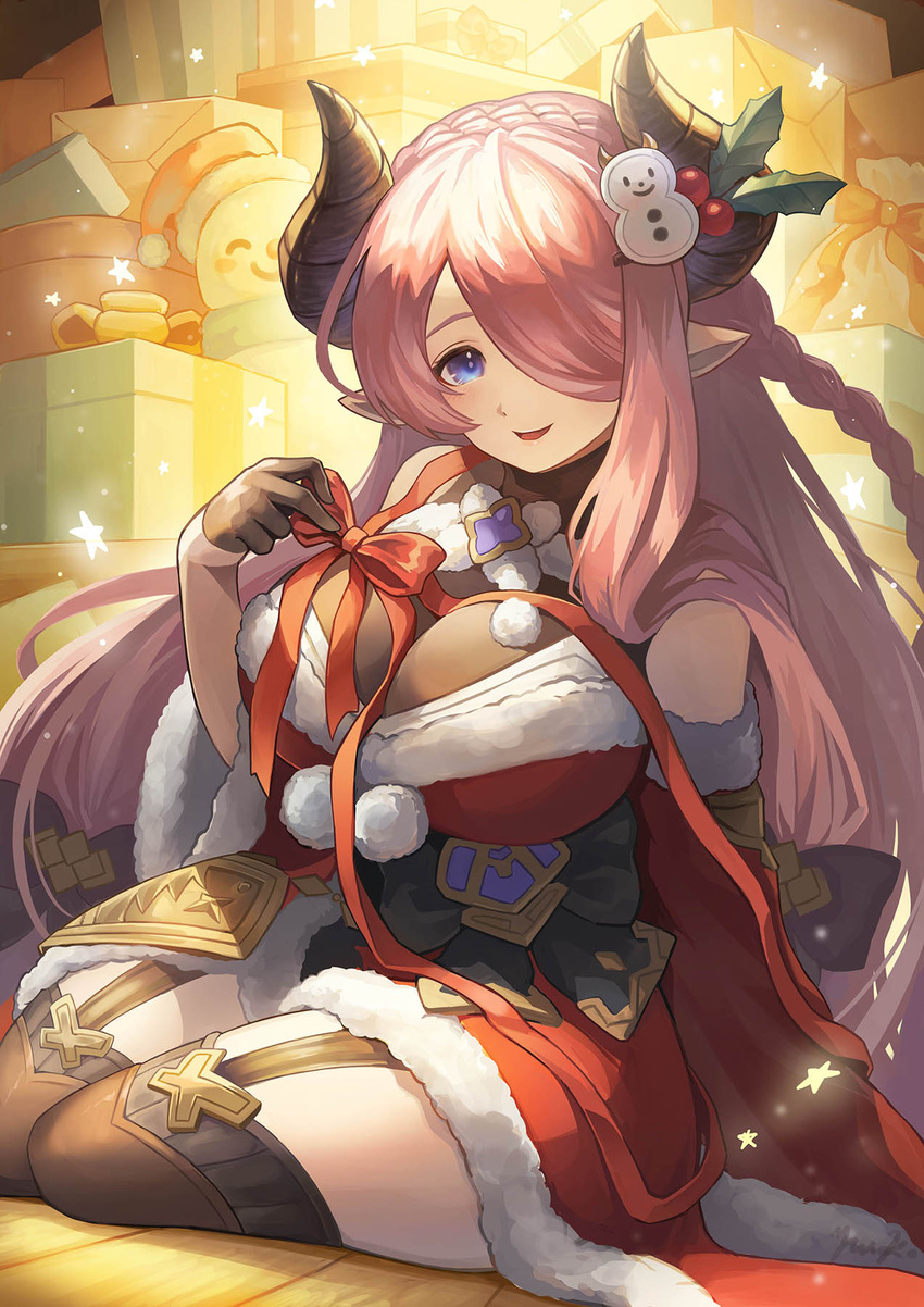 bare_shoulders blue_eyes bow box braid breasts brooch brown_thighhighs christmas crown_braid detached_sleeves draph dress female fur_trim gift gift_box granblue_fantasy hair_ornament hair_over_one_eye highres holly_hair_ornament horns jewelry large_breasts leotard leotard_under_clothes long_hair narmaya_(granblue_fantasy) narmaya_(holiday)_(granblue_fantasy) pink_hair pointy_ears ribbon santa_dress see-through see-through_leotard side_braid smile snowman_hair_ornament solo thighhighs very_long_hair yuiko_(yuiyuiko_108)