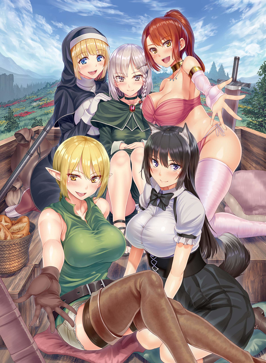 5girls :d absurdres aina_(isekai_harem_monogatari) animal_ears armlet baguette bandeau bare_shoulders beckoning belt blue_sky blunt_bangs blush boots bow bowtie braid bread breasts brooch capelet choker cleavage collarbone corset day elbow_gloves elf filia_shiora fingerless_gloves food foreshortening gloves habit hair_ornament hairclip high-waist_skirt highres isekai_harem_monogatari jewelry large_breasts llusse long_hair looking_at_viewer mila_micola multiple_girls necklace novel_illustration nun official_art open_mouth outdoors pointy_ears ponytail resized shirt short_hair side_braid sitting skindentation skirt sky sleeveless sleeveless_shirt smile sword tachibana_omina tail thigh_boots thighhighs tianne_rutheim upscaled weapon white_gloves