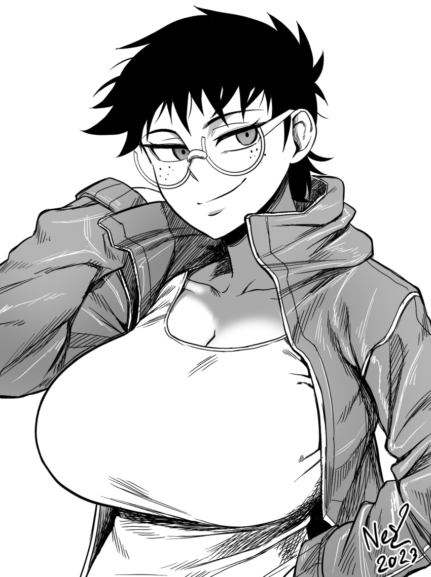 absurdres arm_on_another's_shoulder black_hair breasts female freckles glasses highres jacket jane_(nesz) looking_to_the_side nesz_r original shirt short_hair signature smile solo tomboy white_shirt