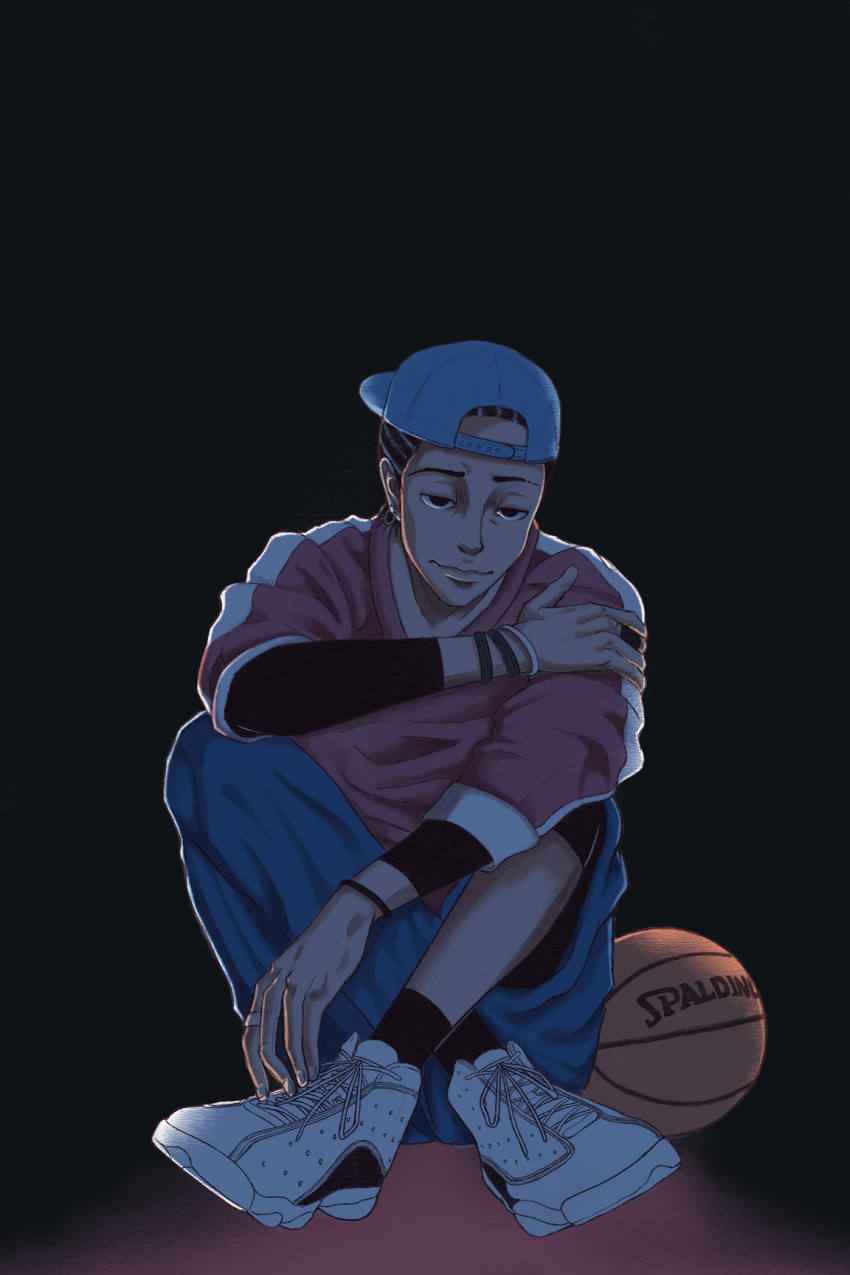 1boy ahiru_no_sora backwards_hat ball basketball basketball_(object) black_background black_eyes black_hair black_socks blue_hat commentary_request cornrows crossed_ankles earrings full_body hat highres jewelry male_focus natsume_kenji ring shannon8188 shoes sitting sneakers socks solo white_footwear wristband