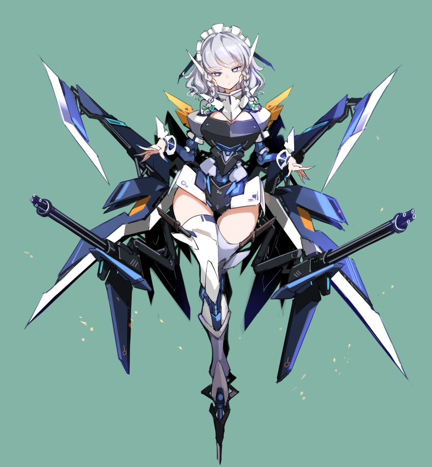 absurdres blue_eyes bow braid breasts eyelashes female fingernails green_bow gundam gundam_astray_blue_frame gundam_astray_blue_frame_second_revise gundam_seed gundam_seed_astray hairbow highres izayoi_sakuya large_breasts maid maid_headdress mecha_musume raptor7 short_hair touhou twin_braids weapon white_hair wide_hips