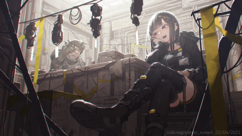 1boy black_footwear black_hair black_jacket black_legwear black_shorts boots chromatic_aberration crate crossed_legs cyberpunk earclip female hand_on_own_cheek hand_on_own_face id_card inspecting jacket nule3309 original purple_eyes shorts sitting thighhighs