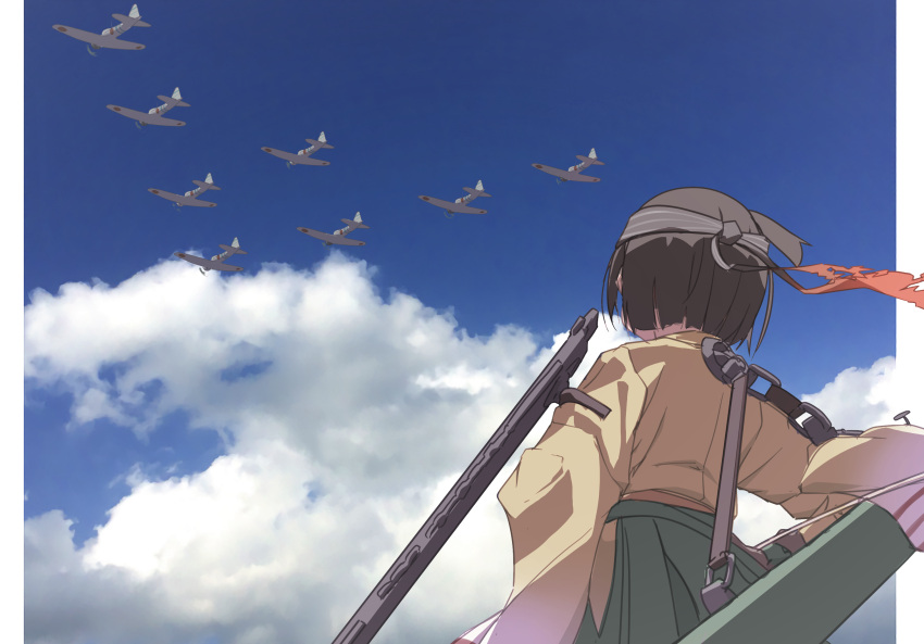 aircraft airplane black_hair blue_sky cloud day female flight_deck green_hakama hachimaki hakama hakama_skirt headband highres hiryuu_(kancolle) hiryuu_kai_ni_(kancolle) japanese_clothes kantai_collection kimono one_side_up outdoors quiver rigging short_hair skirt sky solo wokyu_(houkago_no_megane) yellow_kimono